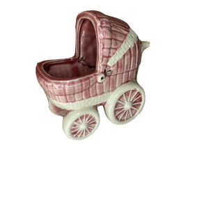 planter baby carriage pink Midcentury american pottery boho USA made small vtg